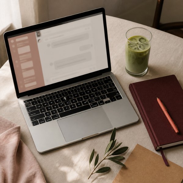 Laptop with a Claude Project open, an iced matcha and a burgundy notebook on a cream linen table