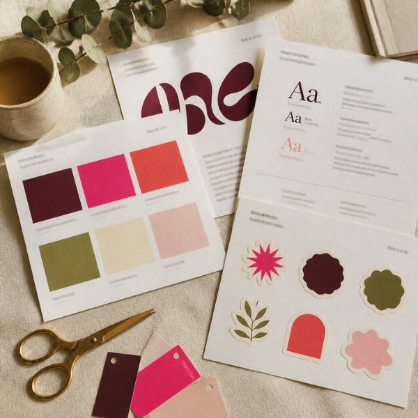 Printed brand guide pages fanned out on linen, with burgundy, hot pink, coral, olive, cream and blush color swatches